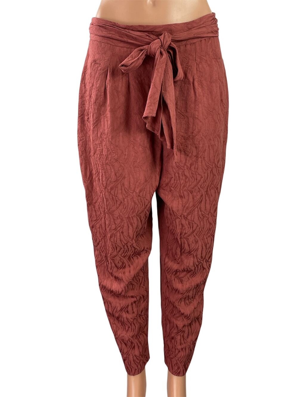 Anthropologie Ett:Twa Aubade Brown Jacquard Belted Tapered Trousers Pants Size 6